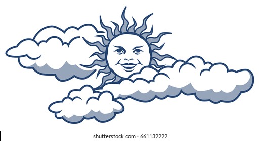 Vector graphic illustration of a stylized smiling sun peeping out from behind clouds