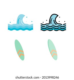 Vektorgrafik von Sommersymbolen wie Wellen, Kamera, Berge, Sonne, Surfbrett und Van. Ideal für Fotografien, Sommerplakate, Sommerflyer, Feeds, Symbole, Schilder usw.