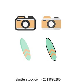 Vektorgrafik von Sommersymbolen wie Wellen, Kamera, Berge, Sonne, Surfbrett und Van. Ideal für Fotografien, Sommerplakate, Sommerflyer, Feeds, Symbole, Schilder usw.