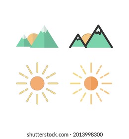 Vektorgrafik von Sommersymbolen wie Wellen, Kamera, Berge, Sonne, Surfbrett und Van. Ideal für Fotografien, Sommerplakate, Sommerflyer, Feeds, Symbole, Schilder usw.
