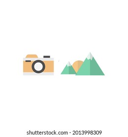 Vector graphic illustration of summer icons, such as waves, camera, mountains, sun, surfboard and van. Great for photography designs, summer posters, summer flyers, feeds, symbols, signs, etc