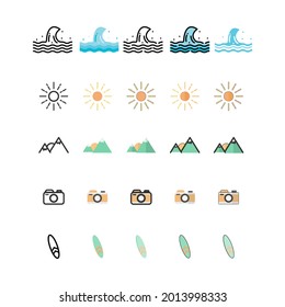 Vector graphic illustration of summer icons, such as waves, camera, mountains, sun, surfboard and van. Great for photography designs, summer posters, summer flyers, feeds, symbols, signs, etc