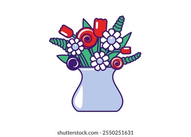 Vector graphic illustration of summertime bouquet in a vase in vibrant outline cartoon style. Springtime or summertime decoration. Delightful mix of flowers and green leaves. Present for various