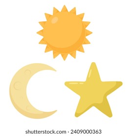 vector graphic illustration of a sun, moon and stars in cartoon style