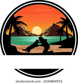 vector graphic illustration, sunset view and silhouette of a dog and a woman, vintage, suitable for t-shirt designs