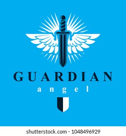 Vector graphic illustration of sword composed with bird wings, war and freedom metaphor symbol. Guardian angel vector abstract emblem.