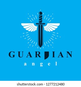 Vector graphic illustration of sword composed with bird wings, war and freedom metaphor symbol. Guardian angel vector abstract emblem.
