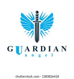 Vector graphic illustration of sword composed with bird wings, war and freedom metaphor symbol. Guardian angel vector abstract emblem.