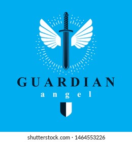 Vector graphic illustration of sword composed with bird wings, war and freedom metaphor symbol. Guardian angel vector abstract emblem.