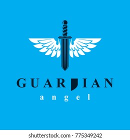 Vector graphic illustration of sword composed with bird wings, war and freedom metaphor symbol. Guardian angel vector abstract emblem.