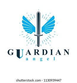 Vector graphic illustration of sword created with bird wings, battle and security metaphor symbol. Seraph vector emblem.