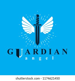 Vector graphic illustration of sword created with bird wings, battle and security metaphor symbol. Seraph vector emblem.
