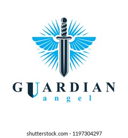 Vector graphic illustration of sword created with bird wings, battle and security metaphor symbol. Seraph vector emblem.