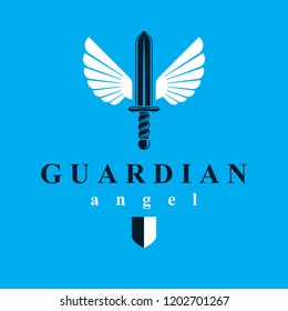 Vector graphic illustration of sword created with bird wings, battle and security metaphor symbol. Seraph vector emblem.