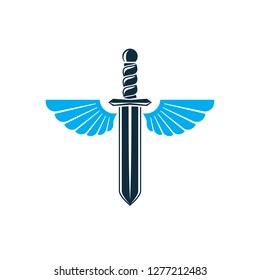 Vector graphic illustration of sword created with bird wings, battle and security metaphor symbol. Seraph vector emblem.