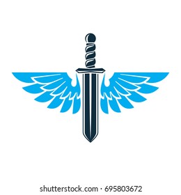 Vector graphic illustration of sword created with bird wings, battle and security metaphor symbol. Seraph vector emblem.