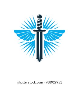 Vector graphic illustration of sword created with bird wings, battle and security metaphor symbol. Seraph vector emblem.