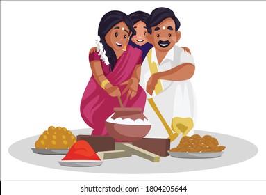 Vector graphic illustration. Tamil family cooking food at the Pongal festival. Individually on white background.