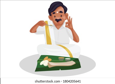 Vector graphic illustration. Tamil man is eating food on a banana leaf. Individually on white background.