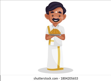 Vector graphic illustration. Tamil man is holding a sweets plate in hands. Individually on white background.