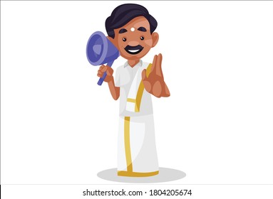 Vector graphic illustration. Tamil man is announcing on a megaphone. Individually on white background.