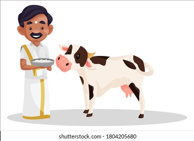 Vector graphic illustration. Tamil man is giving food to a cow. Individually on white background.