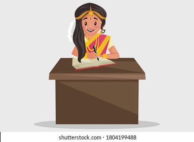 Vector graphic illustration. Tamil woman is writing in the notebook with a pen. Individually on grey background.