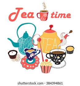 vector graphic illustration of a tea set on a white background