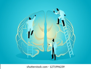 Vector Graphic Illustration Of Team Of Doctors Diagnose Human Brain. Neurologist Concept