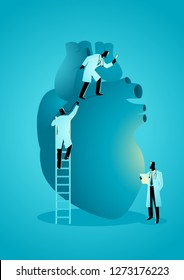 Vector graphic illustration of team of doctors diagnose human heart. Cardiologist Concept