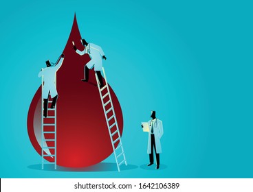 Vector graphic illustration of team of doctors diagnose blood drop. Hematologist