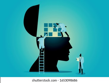Vector graphic illustration of team of doctors or scientists checking human brain, analogy for memory loss, amnesia or alzheimer's disease