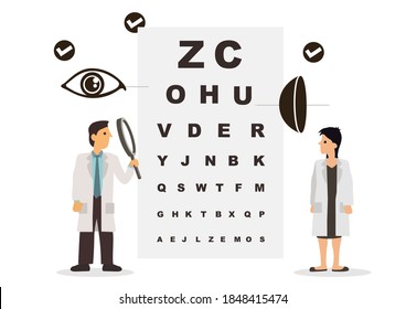 Vector graphic illustration of team of doctors diagnose the eye and the graph. Ophthalmologist