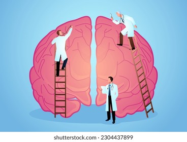 Vector graphic illustration of team of doctors diagnose human brain. Neurologist Concept