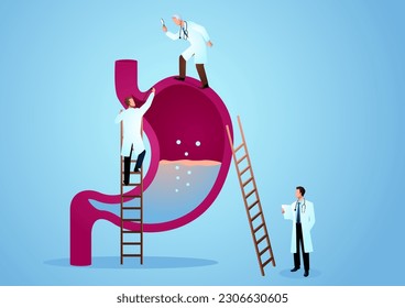 Vector graphic illustration of team of doctors diagnose human stomach. Gastroenterologist concept