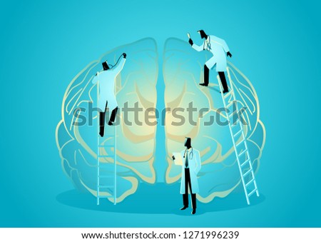 Vector graphic illustration of team of doctors diagnose human brain. Neurologist Concept