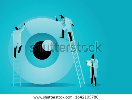 Vector graphic illustration of team of doctors diagnose human eye. Ophthalmologist
