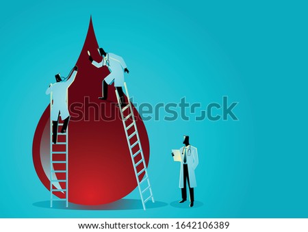 Vector graphic illustration of team of doctors diagnose blood drop. Hematologist