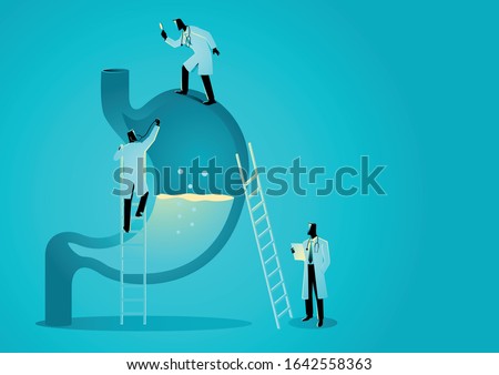 Vector graphic illustration of team of doctors diagnose human stomach. Gastroenterologist