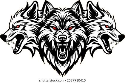 Vector graphic illustration, three fierce dog or wolf heads suitable for use as community logo material 