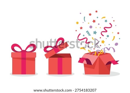 A vector graphic illustration of three red gift boxes with pink ribbons, the third box bursting open with confetti, stars, and streamers.