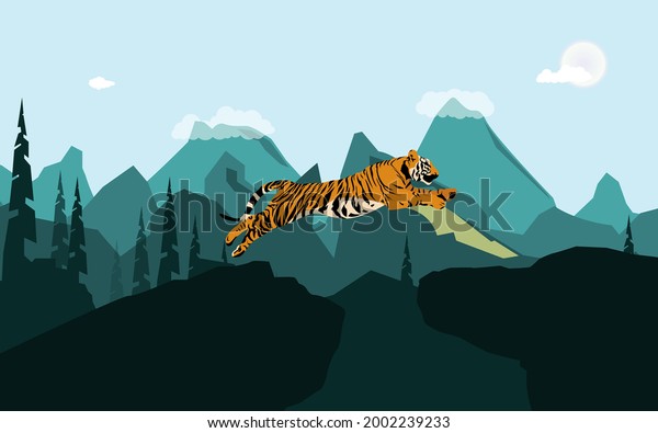 vector graphic illustration, tiger jumping off the rock against mountains background, suitable for wallpaper murals.