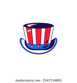 Vector graphic illustration of top hat in the USA flag colors in cartoon style. Headwear for party or carnival. The icon is perfect for web design, decorative elements, print, stickers, or social