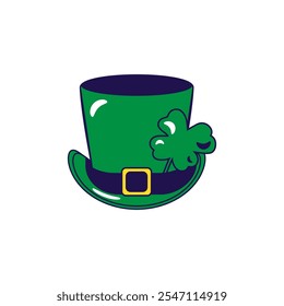 Vector graphic illustration of top hat with shamrock decoration in cartoon style. Headwear for party or carnival. Ethnic accessory. The icon is perfect for web design, decorative elements, print,