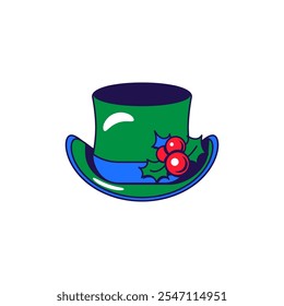 Vector graphic illustration of top hat with holly decoration in cartoon style. Headwear for party or carnival. The icon is perfect for web design, decorative elements, print, stickers, or social media