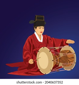 Vector graphic illustration of traditional Korean drum play in court costume