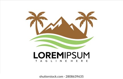 A vector graphic illustration of a tropical island scene with palm trees and mountains, featuring a stylized wave design and placeholder text for a logo or branding element in brown, green, and black colors.