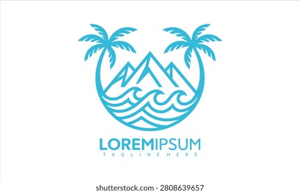 Vector graphic illustration of tropical landscape with palm trees and mountain range in blue design