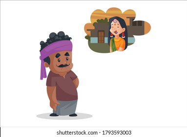 Vector graphic illustration. Truck driver is thinking about his wife. Individually on white background.	