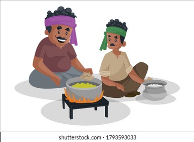 Vector graphic illustration. Truck driver is sitting with a man and making food on the stove. Individually on white background.